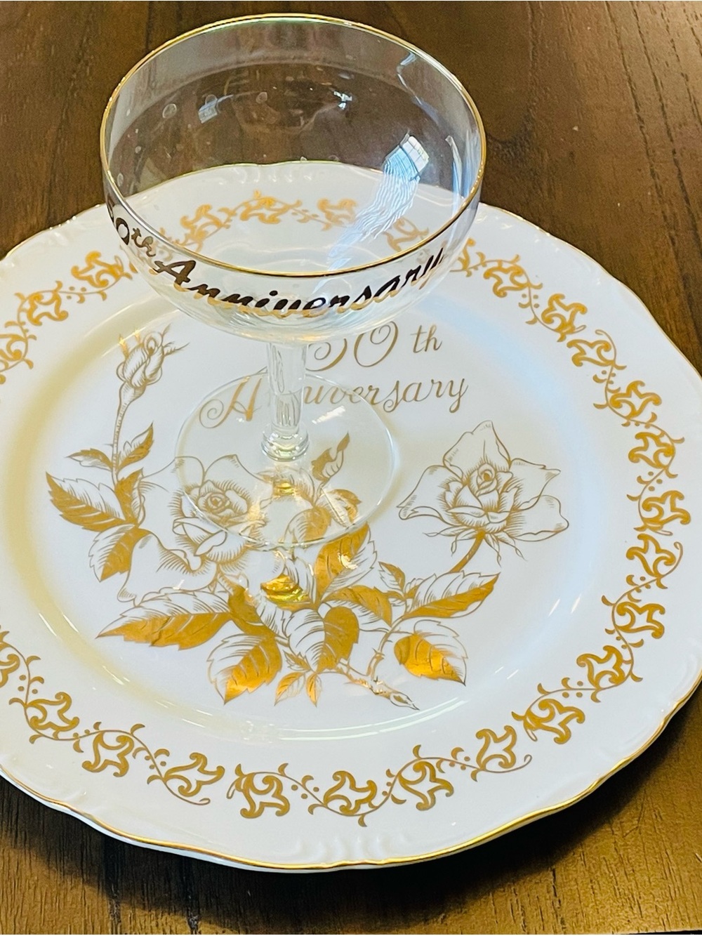 Vintage 50th Golden Anniversary Set - Norcrest China Plate, Glass Tray & Glass